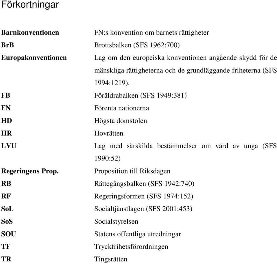 FB Föräldrabalken (SFS 1949:381) FN Förenta nationerna HD Högsta domstolen HR Hovrätten LVU Lag med särskilda bestämmelser om vård av unga (SFS 1990:52)