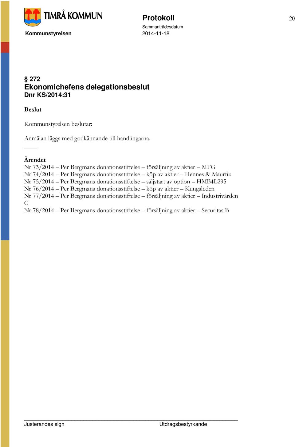 Maurtiz Nr 75/2014 Per Bergmans donationsstiftelse säljstart av option HMB4L295 Nr 76/2014 Per Bergmans donationsstiftelse köp av aktier