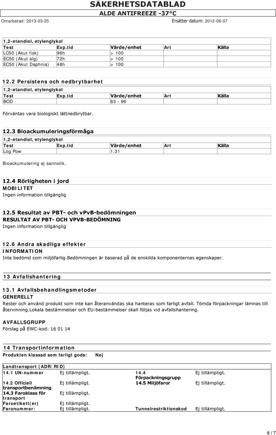 3 Bioackumuleringsförmåga 1,2-etandiol, etylenglykol Test Exp.tid Värde/enhet Art Källa Log Pow 1.31 Bioackumulering ej sannolik. 12.4 Rörligheten i jord MOBILITET 12.