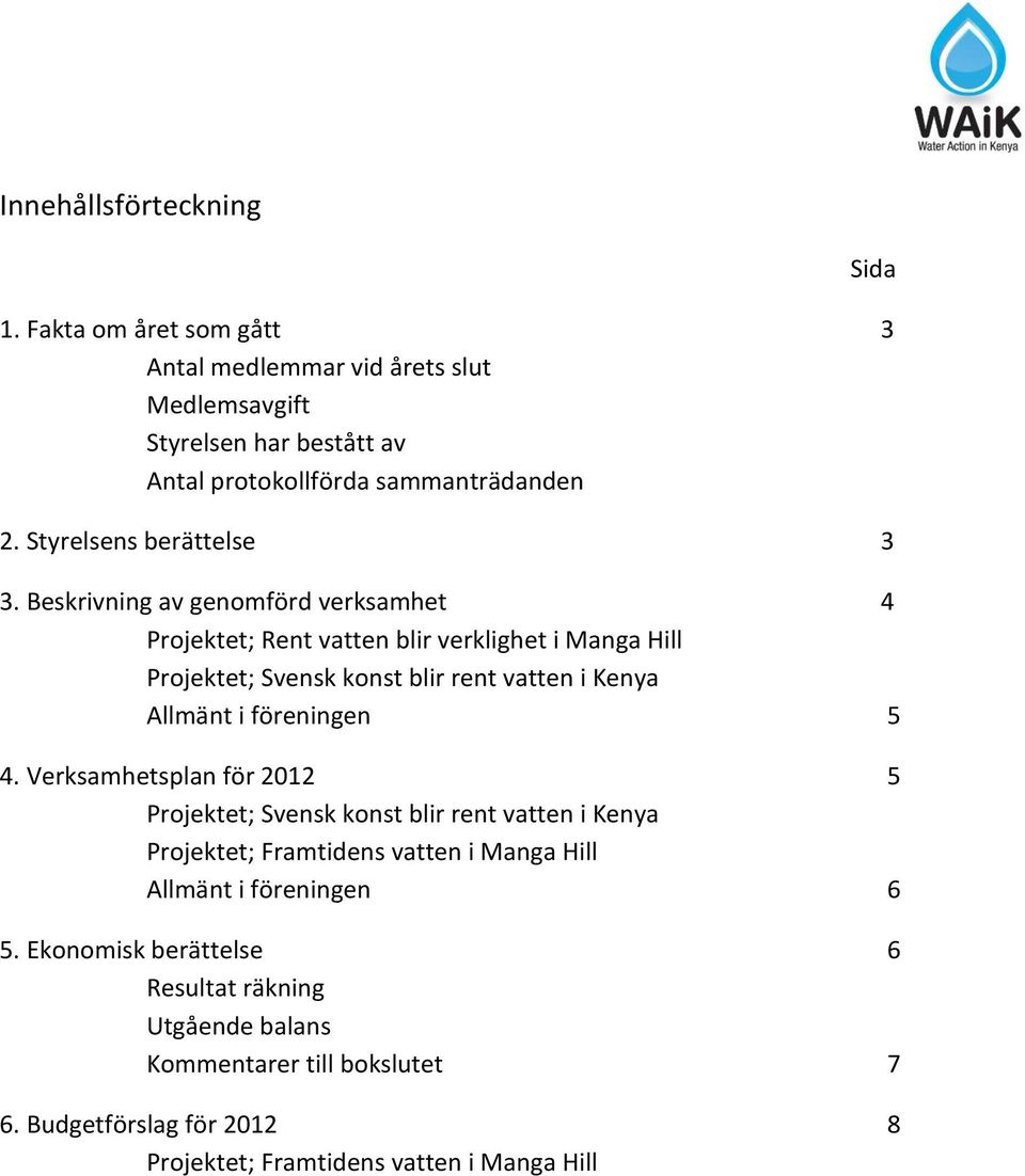 Beskrivning av genomförd verksamhet 4 Projektet; Rent vatten blir verklighet i Manga Hill Projektet; Svensk konst blir rent vatten i Kenya Allmänt i föreningen 5 4.