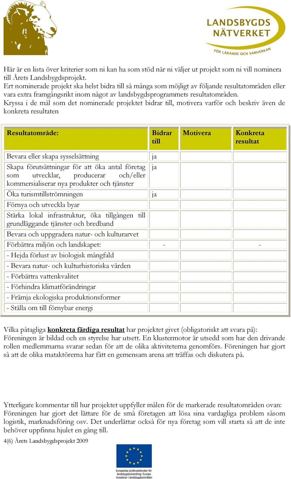 Kryssa i de mål som det nominerade projektet bidrar till, motivera varför och beskriv även de konkreta resultaten Resultatområde: Bidrar till Motivera Konkreta resultat Bevara eller skapa