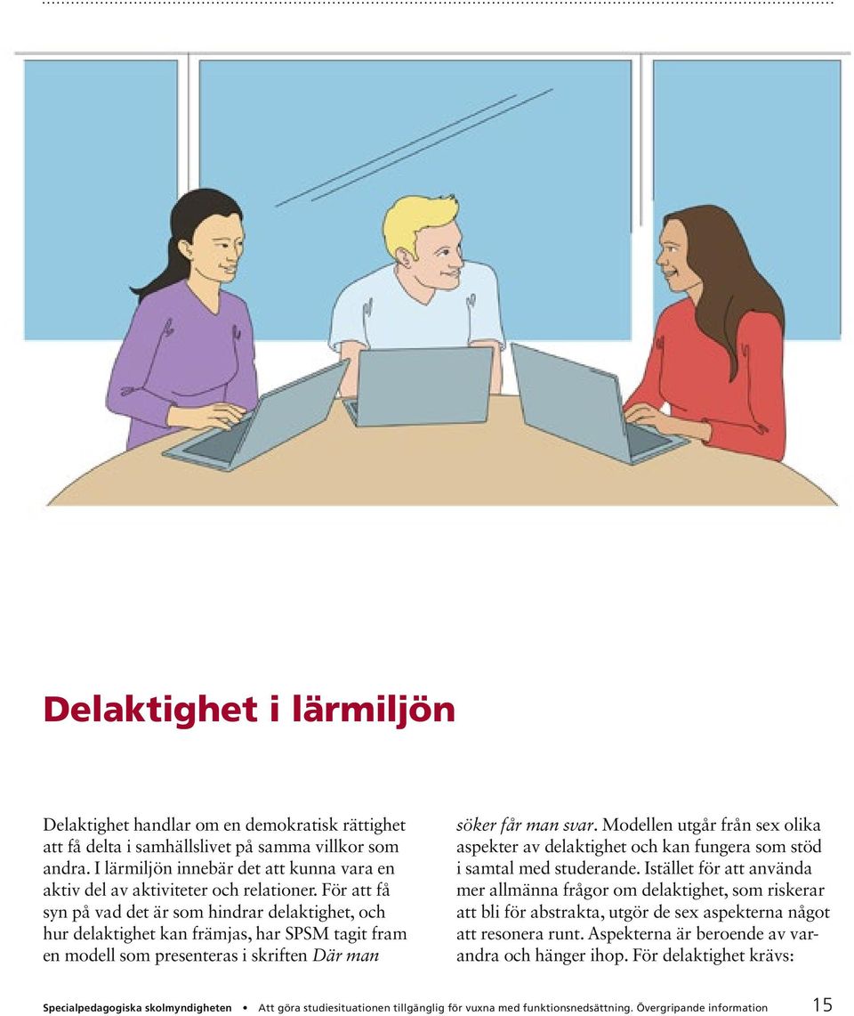 För att få syn på vad det är som hindrar delaktighet, och hur delaktighet kan främjas, har SPSM tagit fram en modell som presenteras i skriften Där man söker får man svar.