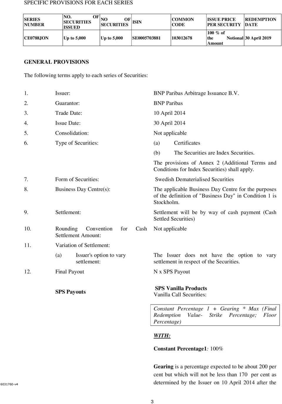 GENERAL PROVISIONS The following terms apply to each series of Securities: 1. Issuer: BNP Paribas Arbitrage Issuance B.V. 2. Guarantor: BNP Paribas 3. Trade Date: 10 April 2014 4.