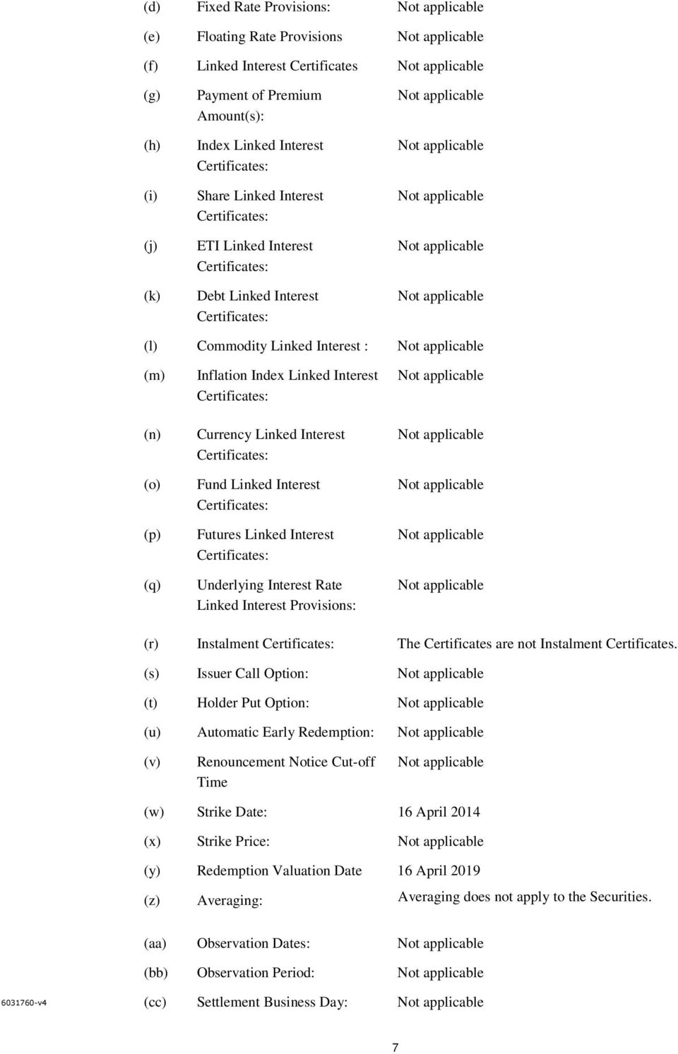 applicable (l) Commodity Linked Interest : Not applicable (m) (n) (o) (p) (q) Inflation Index Linked Interest Certificates: Currency Linked Interest Certificates: Fund Linked Interest Certificates: