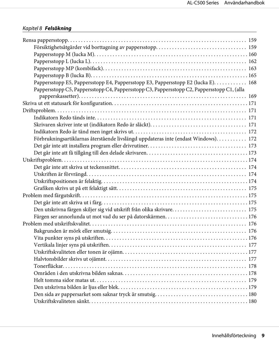 .. 168 Pappersstopp C5, Pappersstopp C4, Pappersstopp C3, Pappersstopp C2, Pappersstopp C1, (alla papperskassetter)... 169 Skriva ut ett statusark för konfiguration... 171 Driftsproblem.