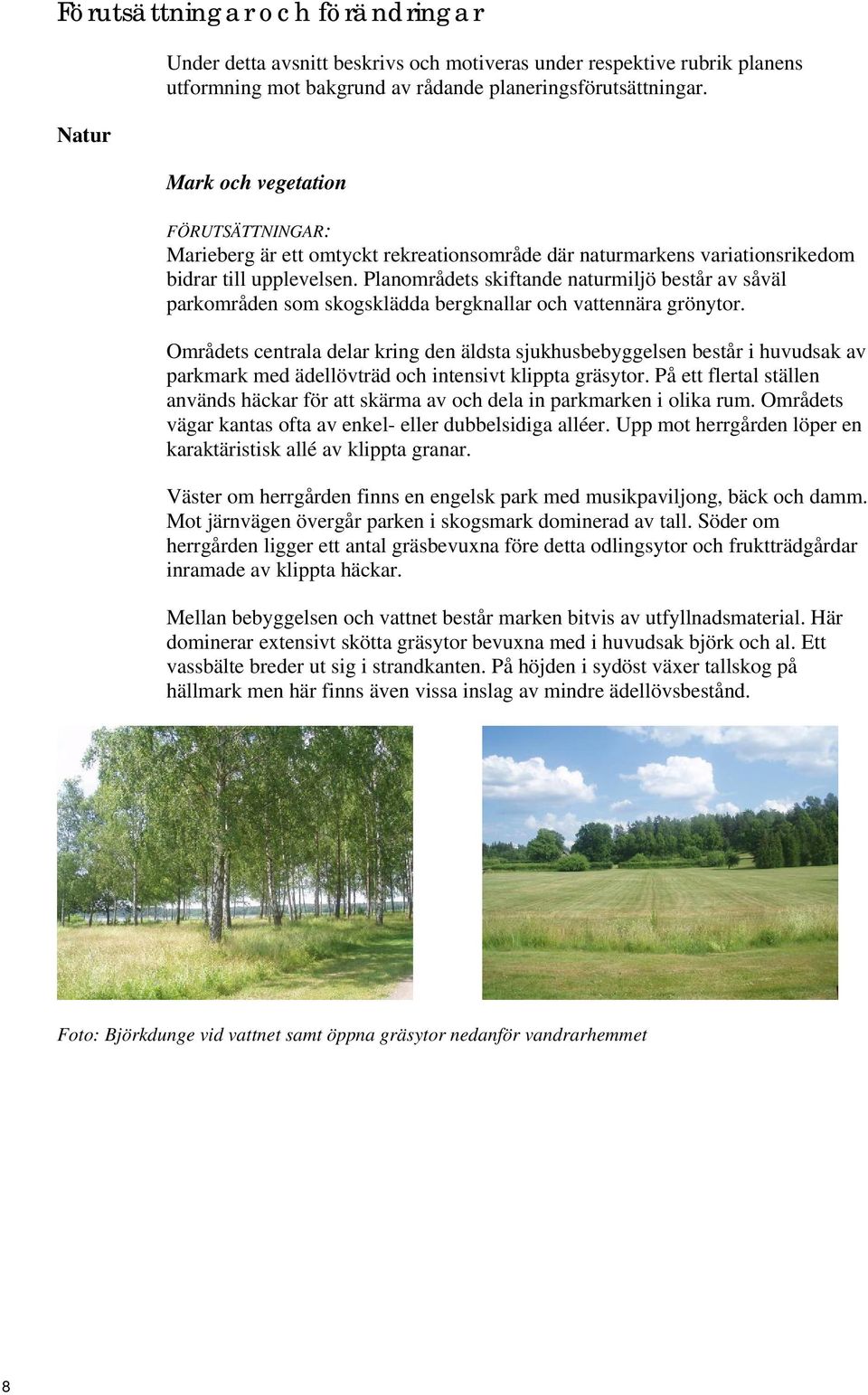 Planområdets skiftande naturmiljö består av såväl parkområden som skogsklädda bergknallar och vattennära grönytor.