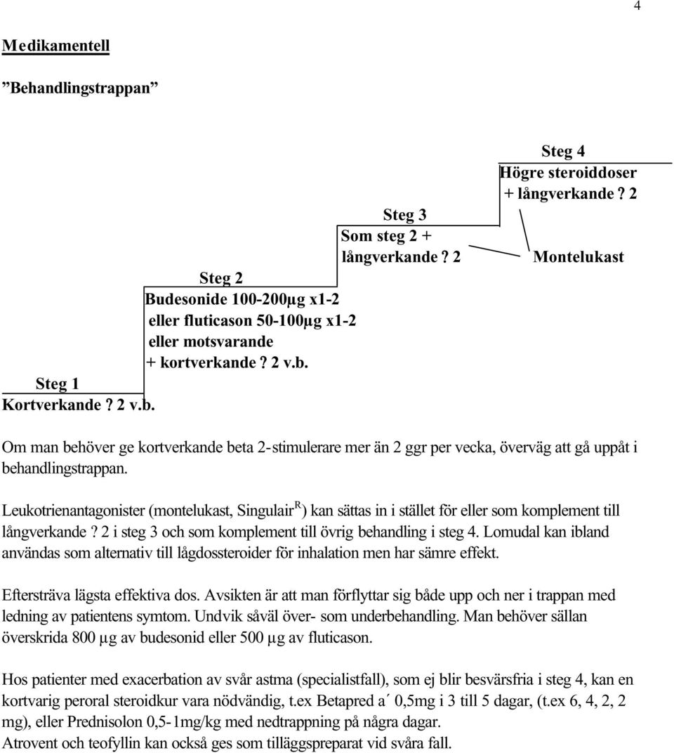 Leukotrienantagonister (montelukast, Singulair R ) kan sättas in i stället för eller som komplement till långverkande? 2 i steg 3 och som komplement till övrig behandling i steg 4.