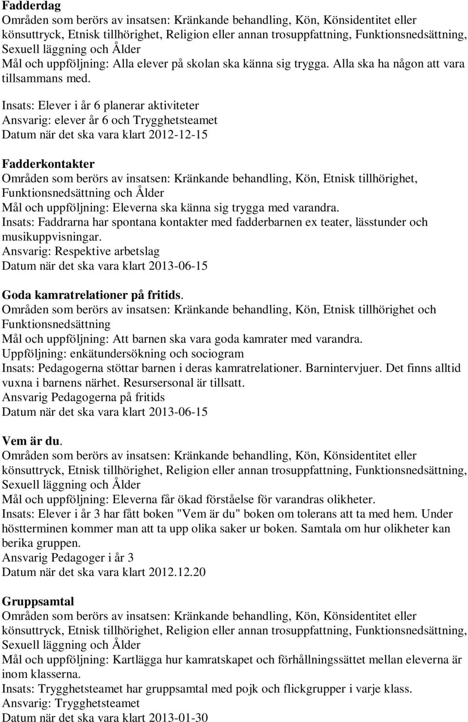 Etnisk tillhörighet, Funktionsnedsättning och Ålder Mål och uppföljning: Eleverna ska känna sig trygga med varandra.