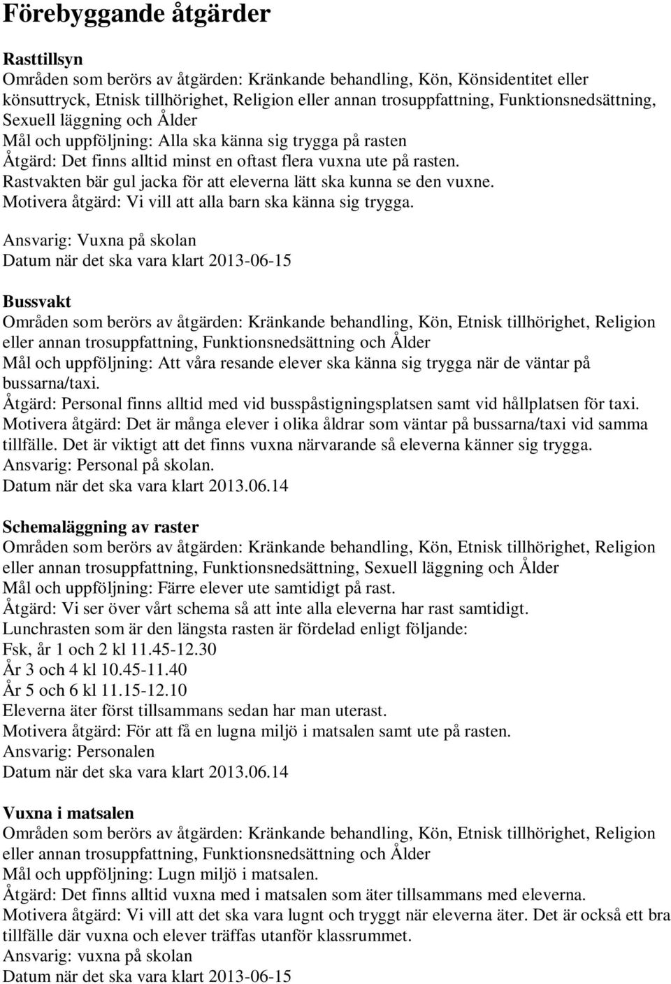 Ansvarig: Vuxna på skolan Datum när det ska vara klart 2013-06-15 Bussvakt Områden som berörs av åtgärden: Kränkande behandling, Kön, Etnisk tillhörighet, Religion eller annan trosuppfattning,