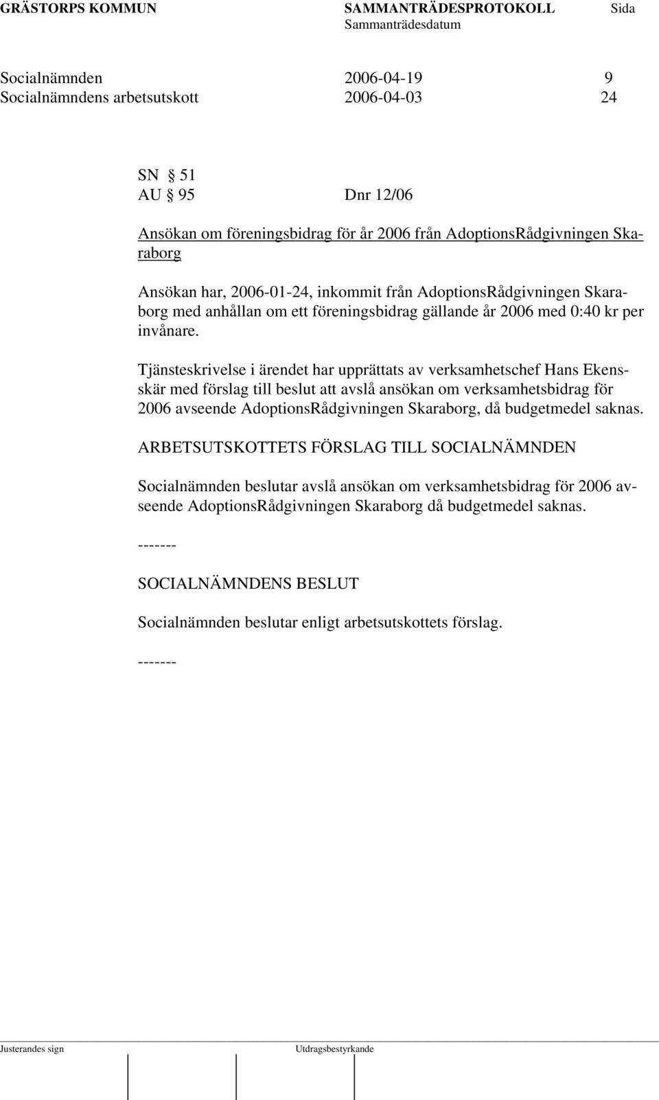 Tjänsteskrivelse i ärendet har upprättats av verksamhetschef Hans Ekensskär med förslag till beslut att avslå ansökan om verksamhetsbidrag för 2006 avseende AdoptionsRådgivningen Skaraborg,