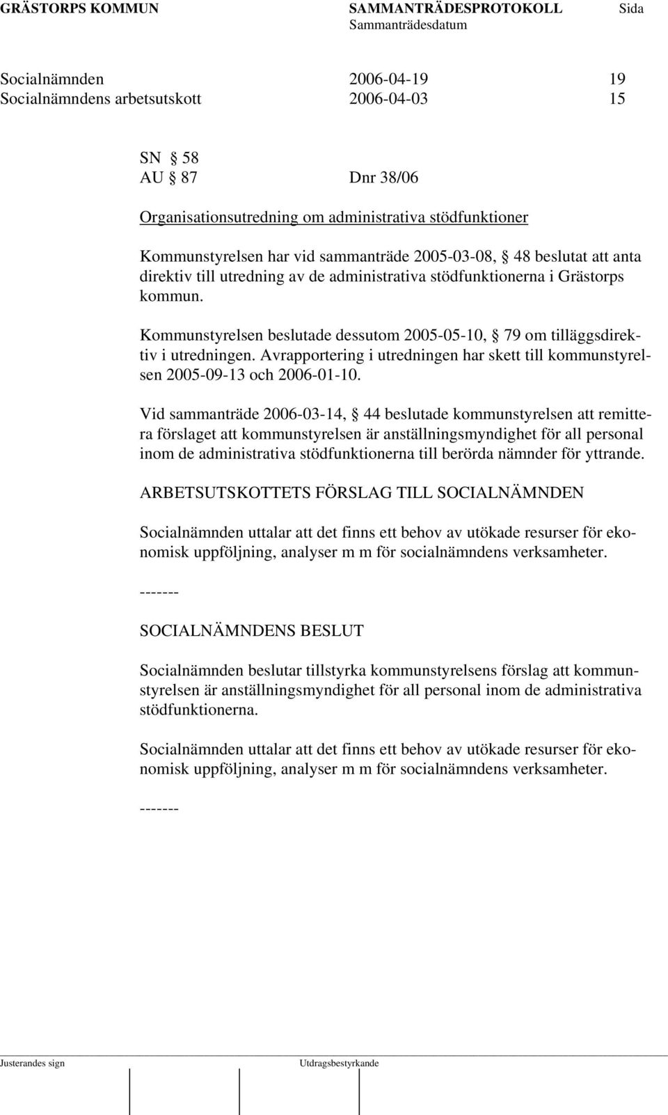 Avrapportering i utredningen har skett till kommunstyrelsen 2005-09-13 och 2006-01-10.