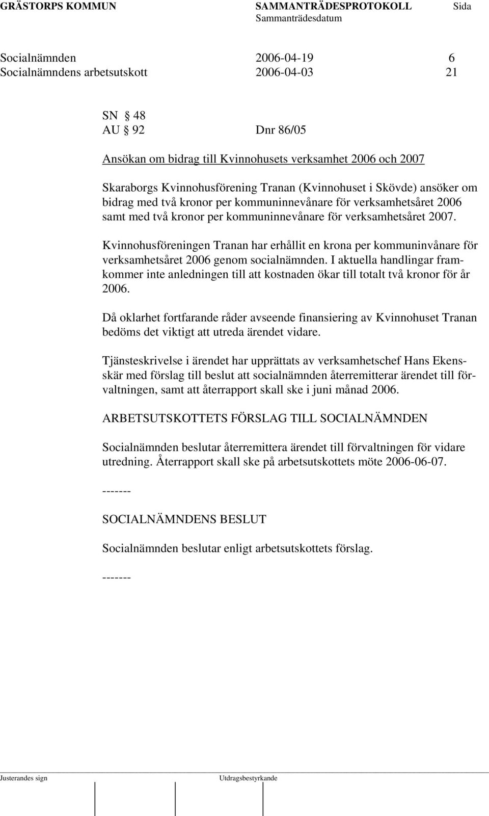 Kvinnohusföreningen Tranan har erhållit en krona per kommuninvånare för verksamhetsåret 2006 genom socialnämnden.