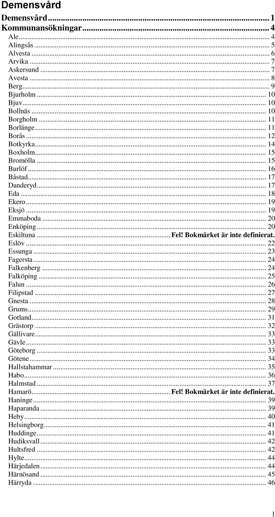 Bokmärket är inte definierat. Eslöv... 22 Essunga... 23 Fagersta... 24 Falkenberg... 24 Falköping... 25 Falun... 26 Filipstad... 27 Gnesta... 28 Grums... 29 Gotland... 31 Grästorp... 32 Gällivare.