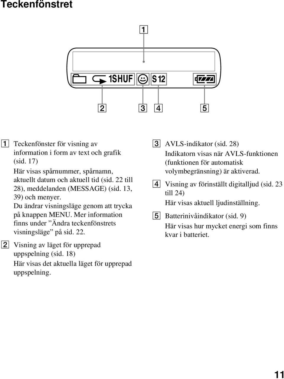 2 Visning av läget för upprepad uppspelning (sid. 18) Här visas det aktuella läget för upprepad uppspelning. 3 AVLS-indikator (sid.