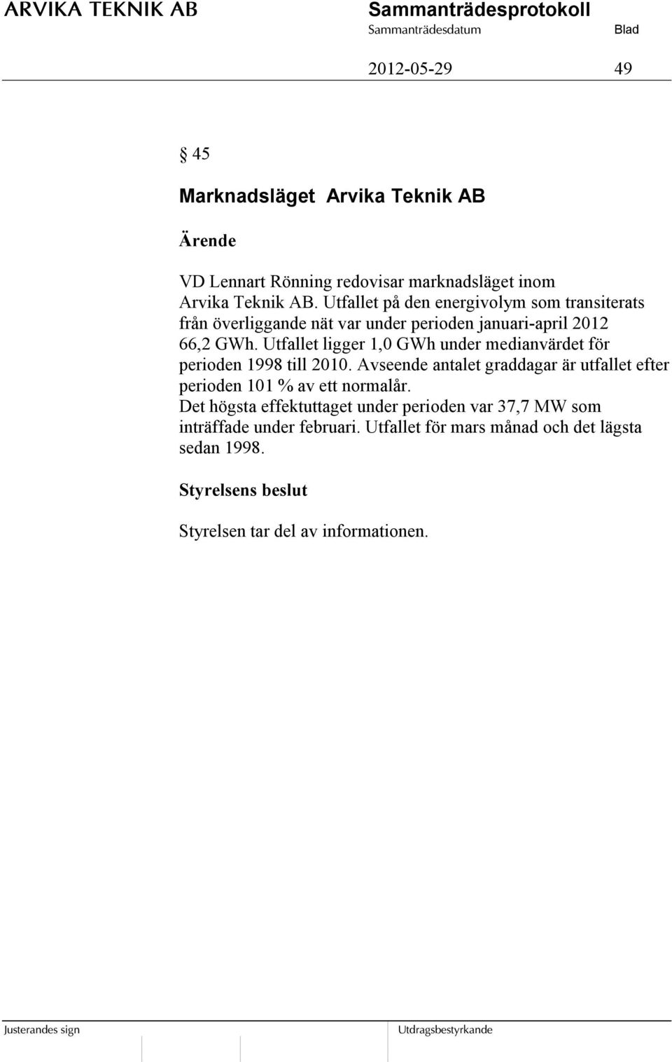 Utfallet ligger 1,0 GWh under medianvärdet för perioden 1998 till 2010.