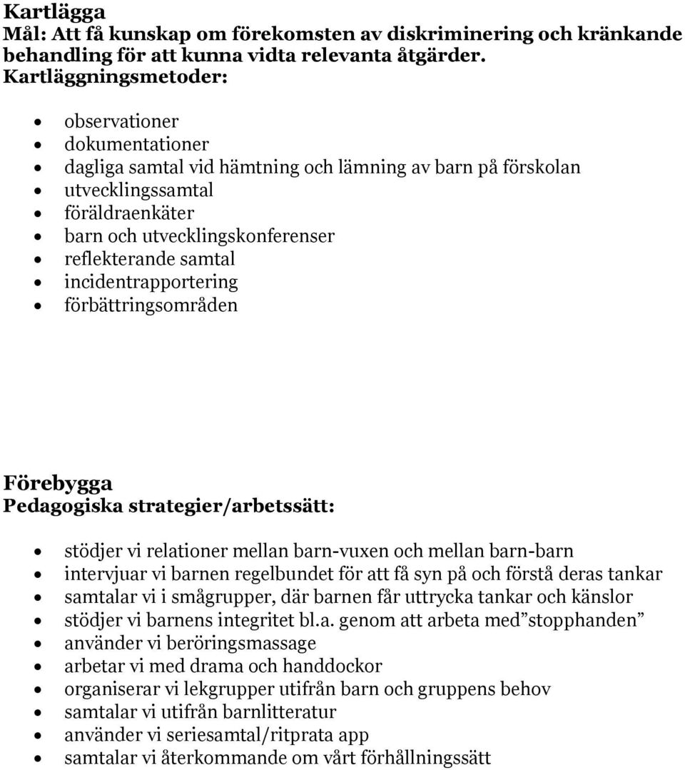 incidentrapportering förbättringsområden Förebygga Pedagogiska strategier/arbetssätt: stödjer vi relationer mellan barn-vuxen och mellan barn-barn intervjuar vi barnen regelbundet för att få syn på