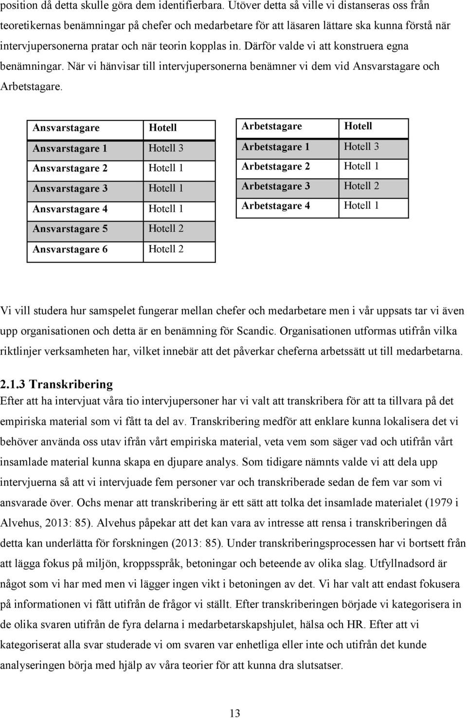 Därför valde vi att konstruera egna benämningar. När vi hänvisar till intervjupersonerna benämner vi dem vid Ansvarstagare och Arbetstagare.