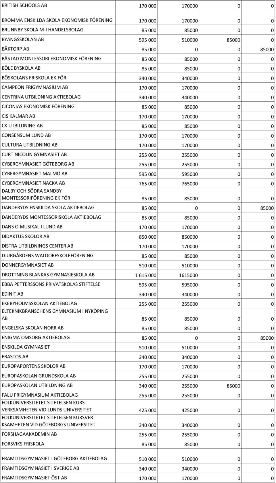 NING 85 000 85000 0 0 BÖLE BYSKOLA AB 85 000 85000 0 0 BÖSKOLANS FRISKOLA EK.FÖR.