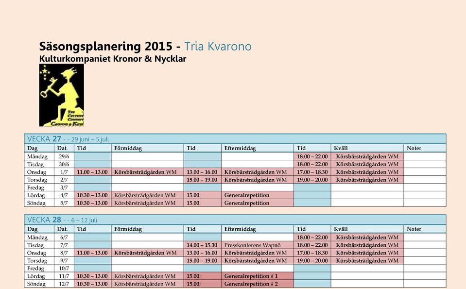 00 Körsbärsträdgården WM Fredag 3/7 Lördag 4/7 10.30 13.00 Körsbärsträdgården WM 15.00: Generalrepetition Söndag 5/7 10.30 13.00 Körsbärsträdgården WM 15.00: Generalrepetition VECKA 28 - - 6 12 juli Måndag 6/7 18.