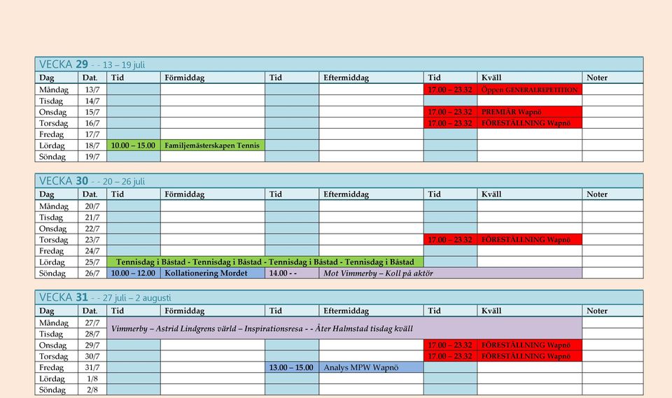 32 FÖRESTÄLLNING Wapnö Fredag 24/7 Lördag 25/7 Tennisdag i Båstad - Tennisdag i Båstad - Tennisdag i Båstad - Tennisdag i Båstad Söndag 26/7 10.00 12.00 Kollationering Mordet 14.