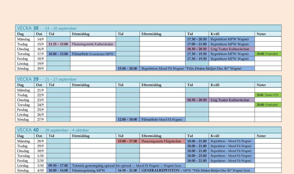 00 Repetition Mord På Wapnö Tills Döden Skiljer Oss Åt Wapnö VECKA 39 - - 21 27 september Måndag 21/9 Tisdag 22/9 20.00: Tennis HTK Onsdag 23/9 18.30 20.30 Ung Teater Kulturskolan Torsdag 24/9 20.