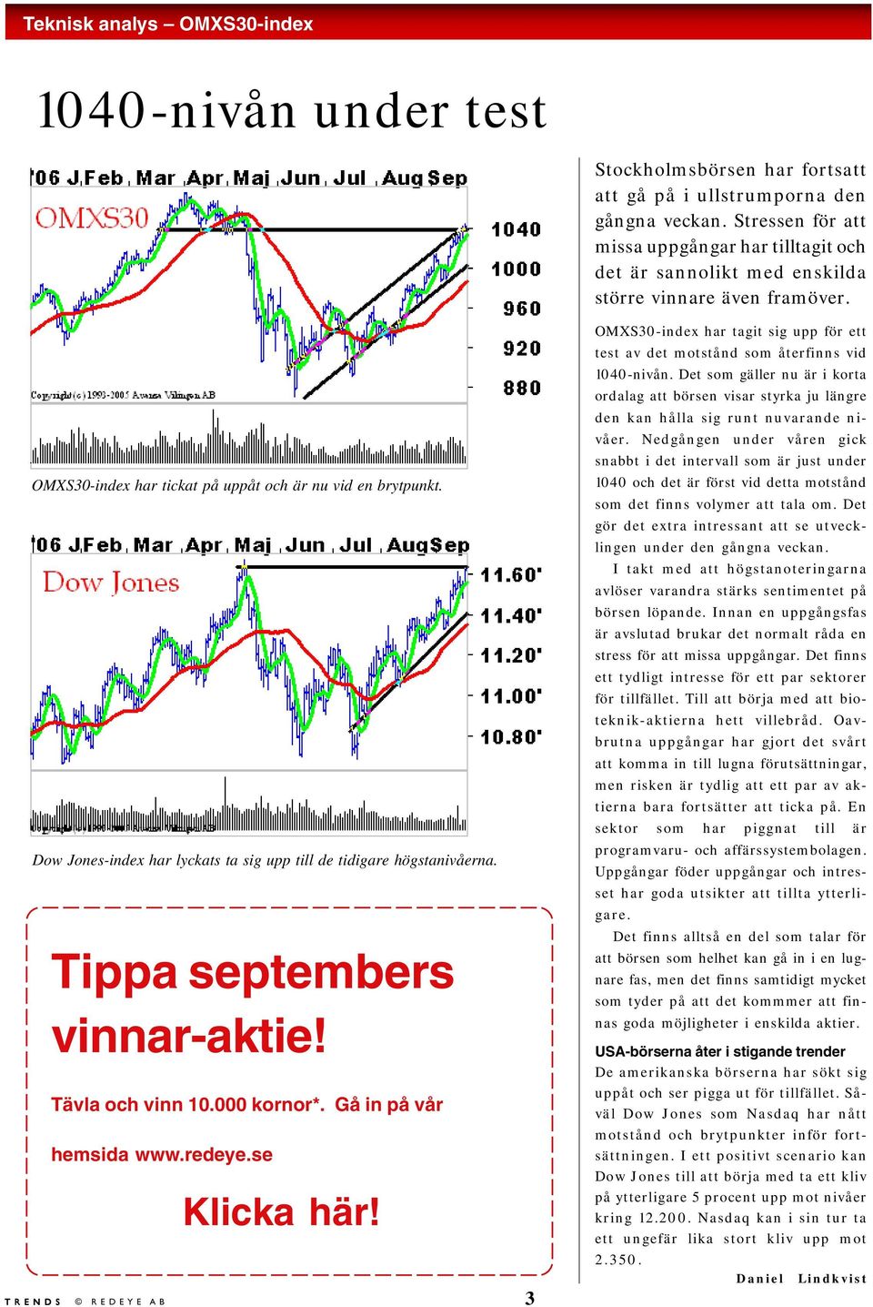 Dow Jones-index har lyckats ta sig upp till de tidigare högstanivåerna. Tippa tembers vinnar-aktie! Tävla och vinn 10.000 kornor*. Gå in på vår hemsida www.redeye.se Klicka här!