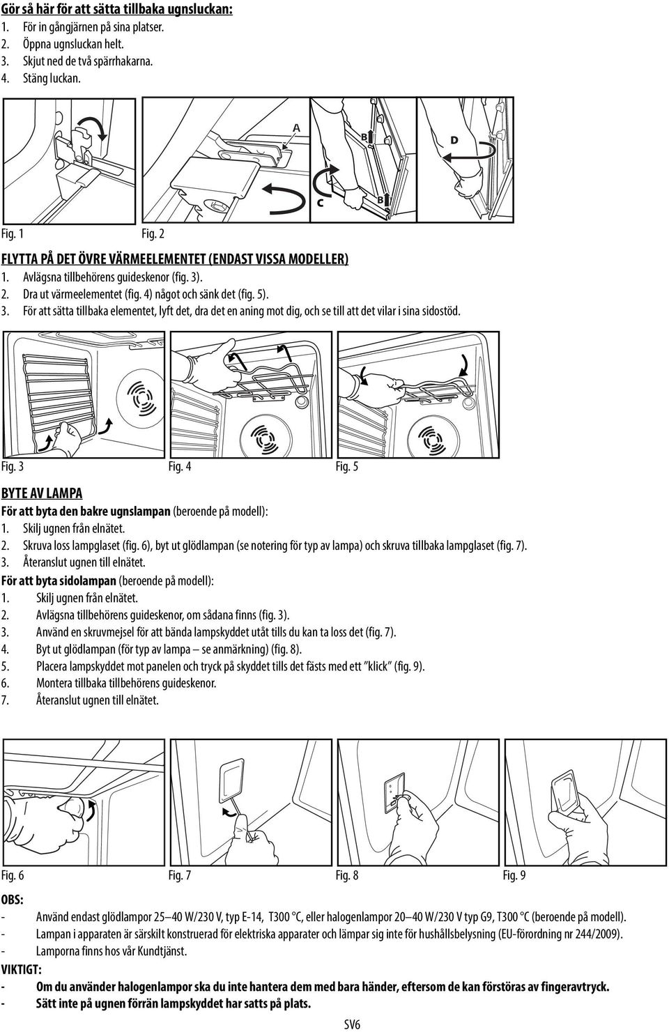 . 2. Dra ut värmeelementet (fig. 4) något och sänk det (fig. 5). 3. För att sätta tillbaka elementet, lyft det, dra det en aning mot dig, och se till att det vilar i sina sidostöd. Fig. 3 Fig. 4 Fig.