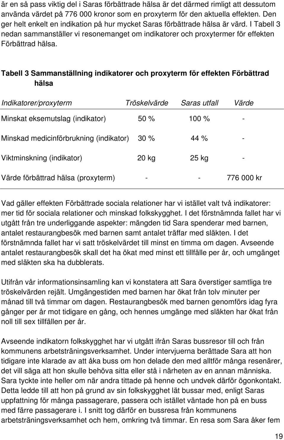 Tabell 3 Sammanställning indikatorer och proxyterm för effekten Förbättrad hälsa Indikatorer/proxyterm Tröskelvärde Saras utfall Värde Minskat eksemutslag (indikator) 50 % 100 % - Minskad