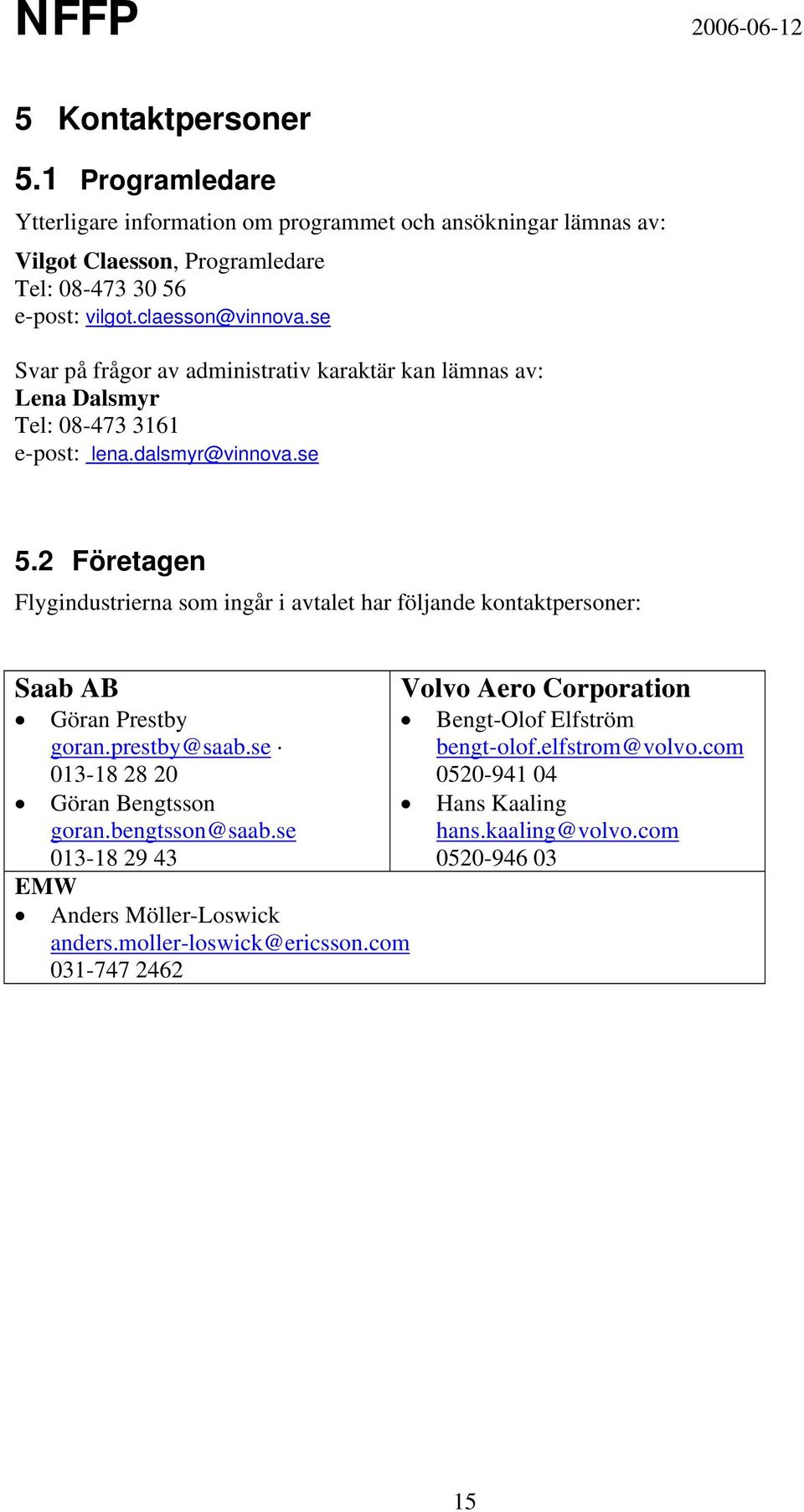 2 Företagen Flygindustrierna som ingår i avtalet har följande kontaktpersoner: Saab AB Göran Prestby goran.prestby@saab.se 013-18 28 20 Göran Bengtsson goran.bengtsson@saab.