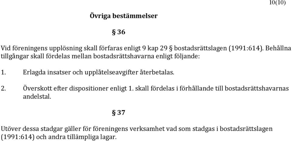 Erlagda insatser och upplåtelseavgifter återbetalas. 2. Överskott efter dispositioner enligt 1.