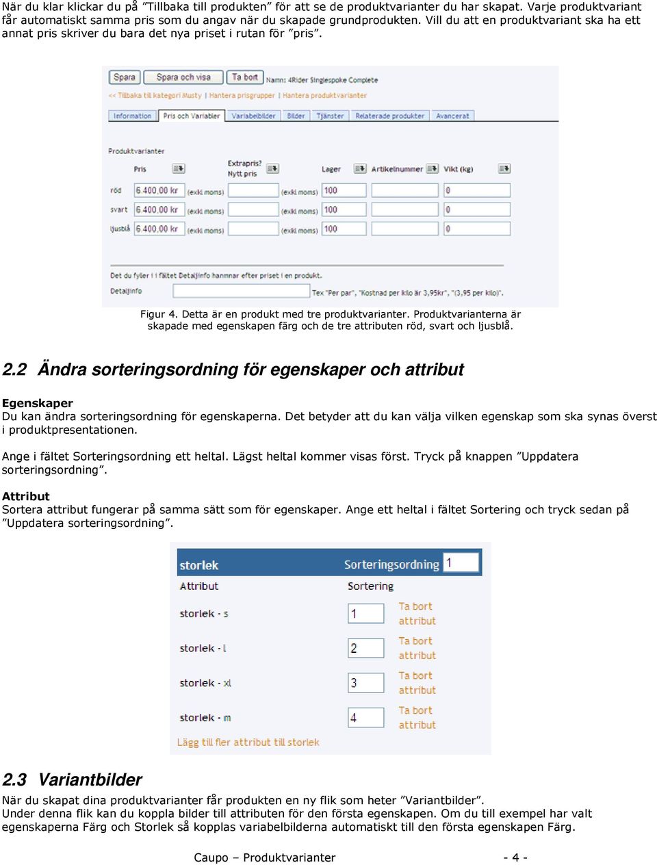 Produktvarianterna är skapade med egenskapen färg och de tre attributen röd, svart och ljusblå. 2.