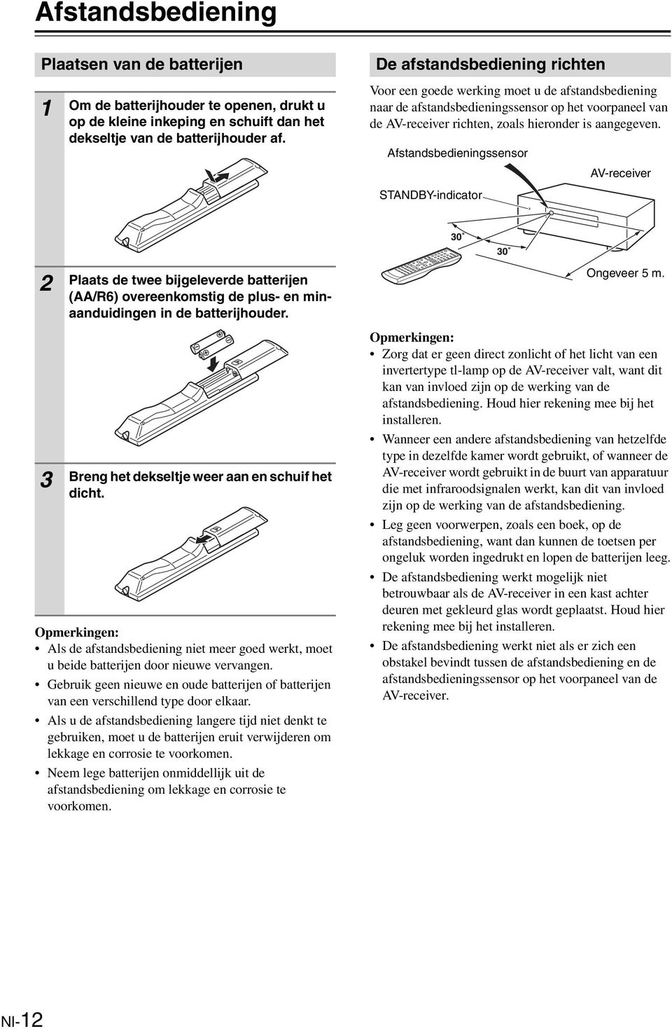 Afstandsbedieningssensor STANDBY-indicator AV-receiver 3 Plaats de twee bijgeleverde batterijen (AA/R6) overeenkomstig de plus- en minaanduidingen in de batterijhouder.