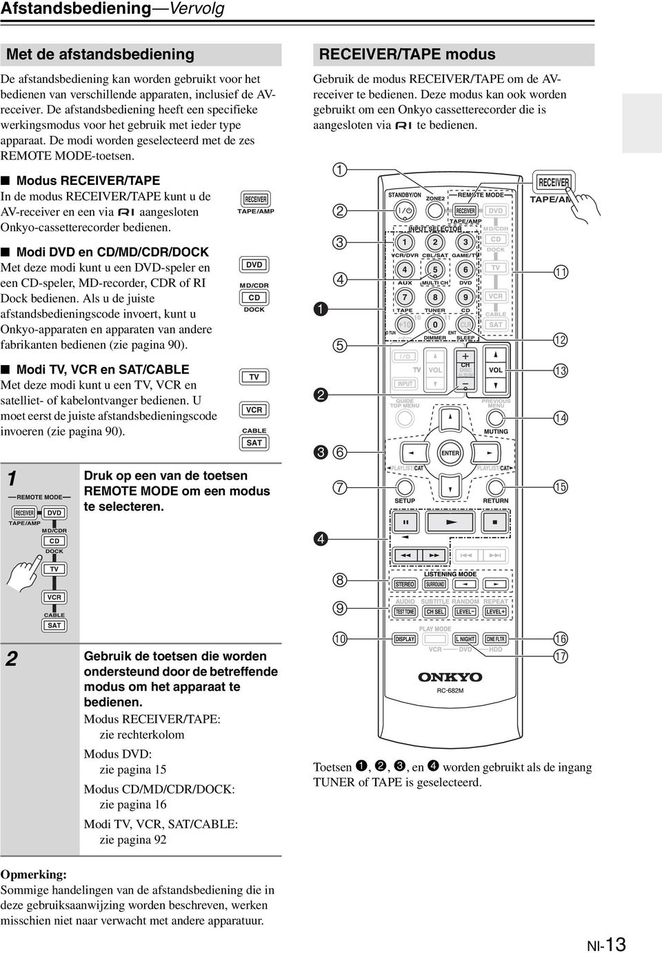 Modus RECEIVER/TAPE In de modus RECEIVER/TAPE kunt u de AV-receiver en een via aangesloten Onkyo-cassetterecorder bedienen.