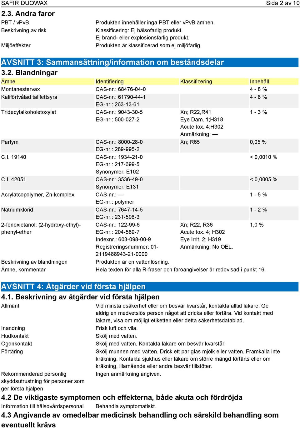 Blandningar Identifiering Klassificering Innehåll Montanestervax CAS-nr.: 68476-04-0 4-8 % Kaliförtvålad tallfettsyra CAS-nr.: 61790-44-1 EG-nr.: 263-13-61 Tridecylalkoholetoxylat CAS-nr.