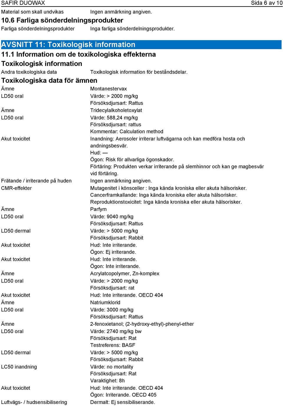 1 Information om de toxikologiska effekterna Toxikologisk information Andra toxikologiska data Toxikologiska data för ämnen Montanestervax Toxikologisk information för beståndsdelar.