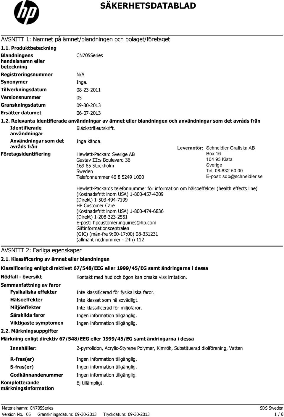 2011 Versionsnummer 05 Granskningsdatum 09302013 Ersätter datumet 06072013 1.2. Relevanta identifierade användningar av ämnet eller blandningen och användningar som det avråds från Identifierade