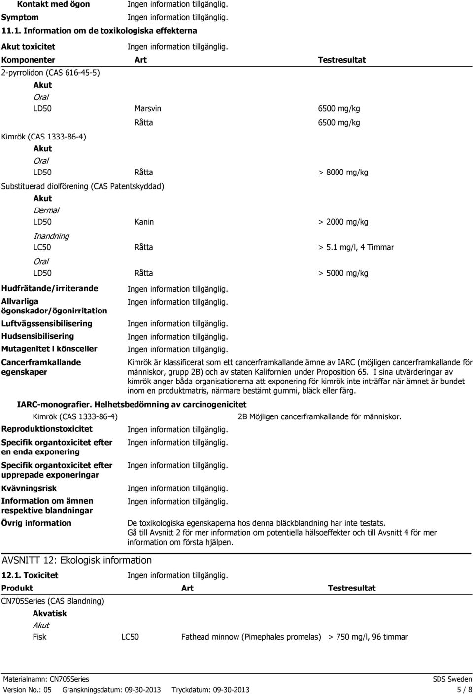 6500 mg/kg > 8000 mg/kg Substituerad diolförening (CAS Patentskyddad) Akut Dermal LD50 Kanin > 2000 mg/kg Inandning LC50 Oral LD50 Råtta Råtta > 5.