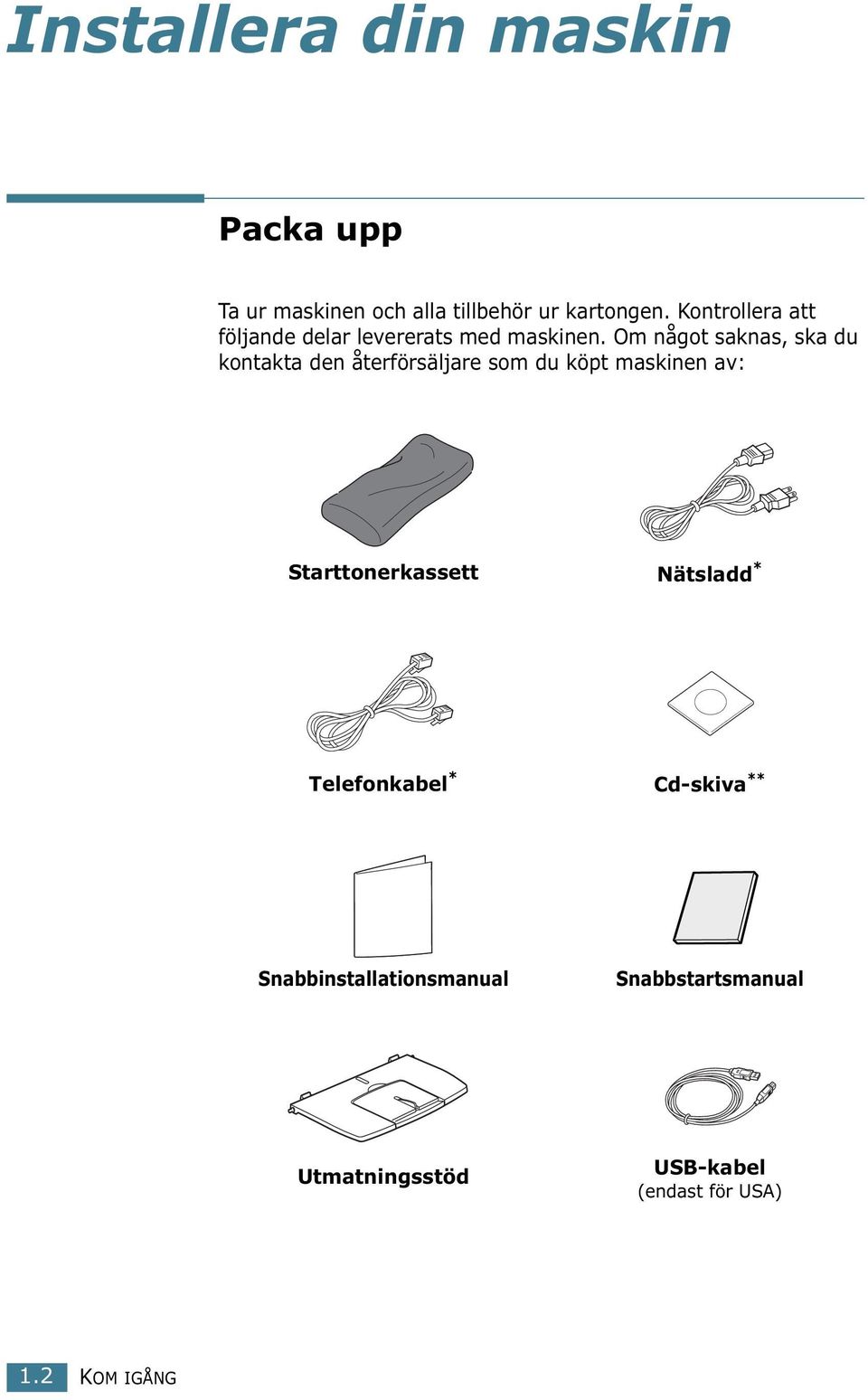 Om något saknas, ska du kontakta den återförsäljare som du köpt maskinen av: