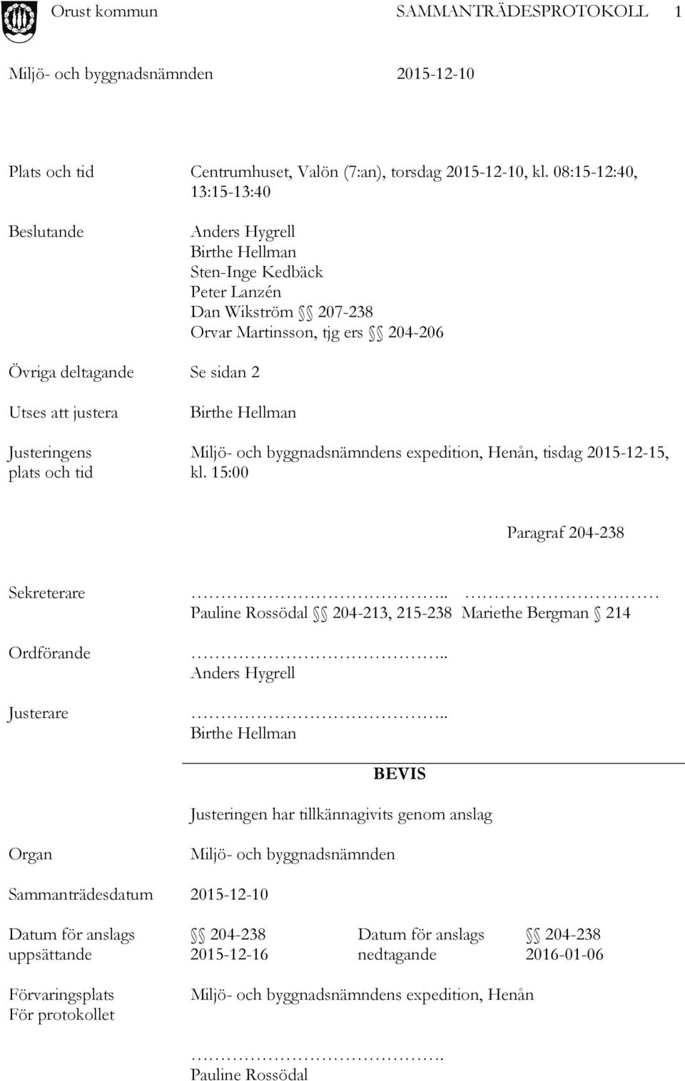 Justeringens plats och tid Birthe Hellman Miljö- och byggnadsnämndens expedition, Henån, tisdag 2015-12-15, kl. 15:00 Paragraf 204-238 Sekreterare Ordförande Justerare.