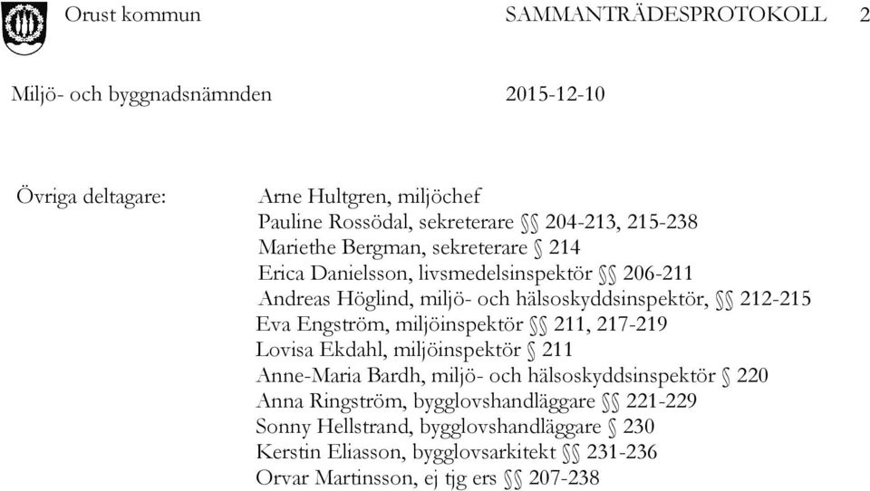 217-219 Lovisa Ekdahl, miljöinspektör 211 Anne-Maria Bardh, miljö- och hälsoskyddsinspektör 220 Anna Ringström, bygglovshandläggare