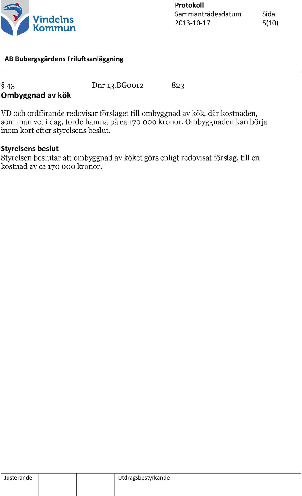 kök, där kostnaden, som man vet i dag, torde hamna på ca 170 000 kronor.
