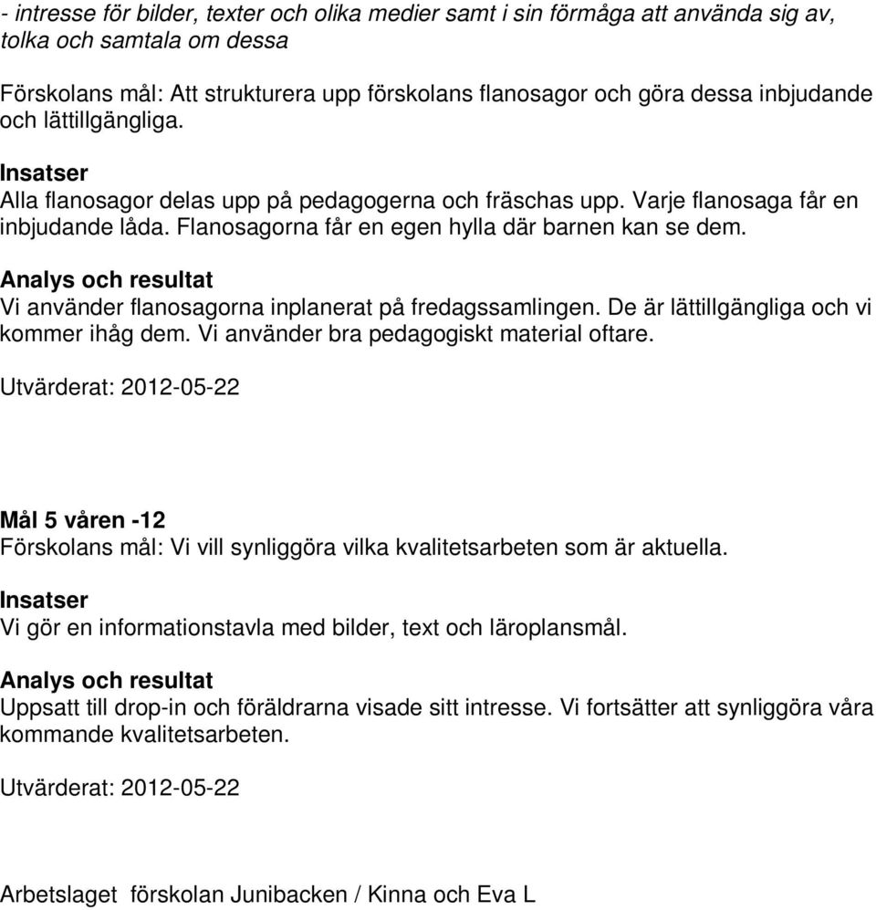 Analys och resultat Vi använder flanosagorna inplanerat på fredagssamlingen. De är lättillgängliga och vi kommer ihåg dem. Vi använder bra pedagogiskt material oftare.