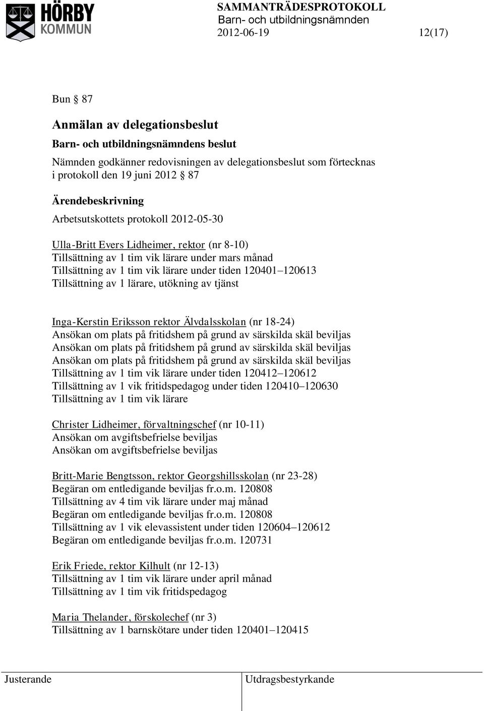 av tjänst Inga-Kerstin Eriksson rektor Älvdalsskolan (nr 18-24) Ansökan om plats på fritidshem på grund av särskilda skäl beviljas Ansökan om plats på fritidshem på grund av särskilda skäl beviljas