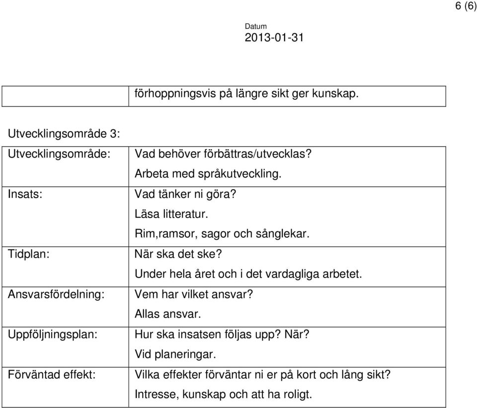 förbättras/utvecklas? Arbeta med språkutveckling. Vad tänker ni göra? Läsa litteratur. Rim,ramsor, sagor och sånglekar.