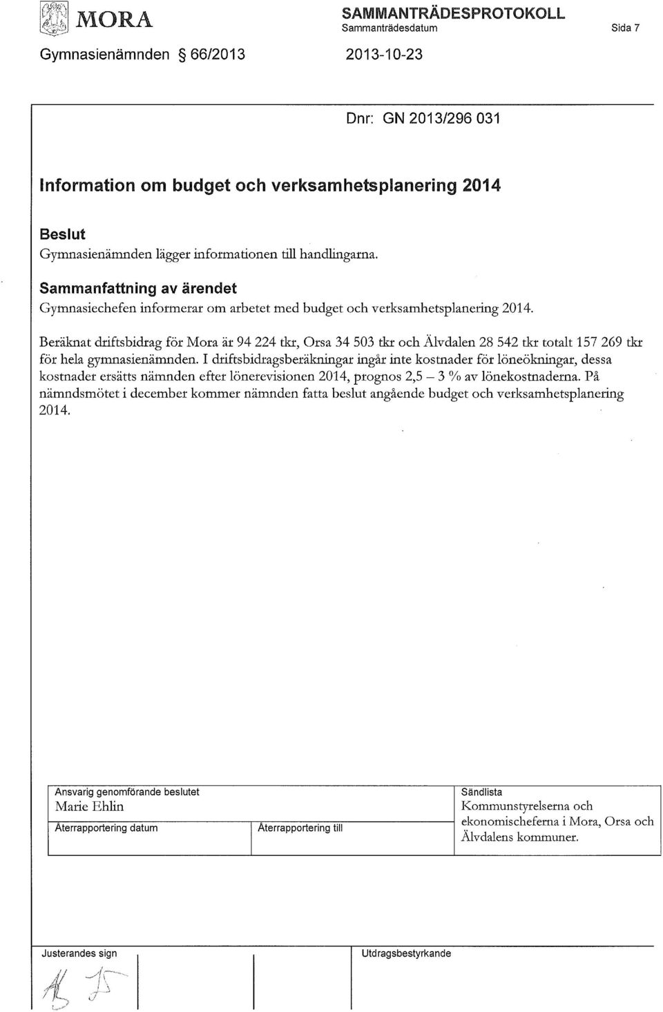 Beräknat driftsbidrag för Mora är 94 224 tkr, Orsa 34 503 tkr och Älvdalen 28 542 tkr totalt 157 269 tkr för hela gymnasienämnden.