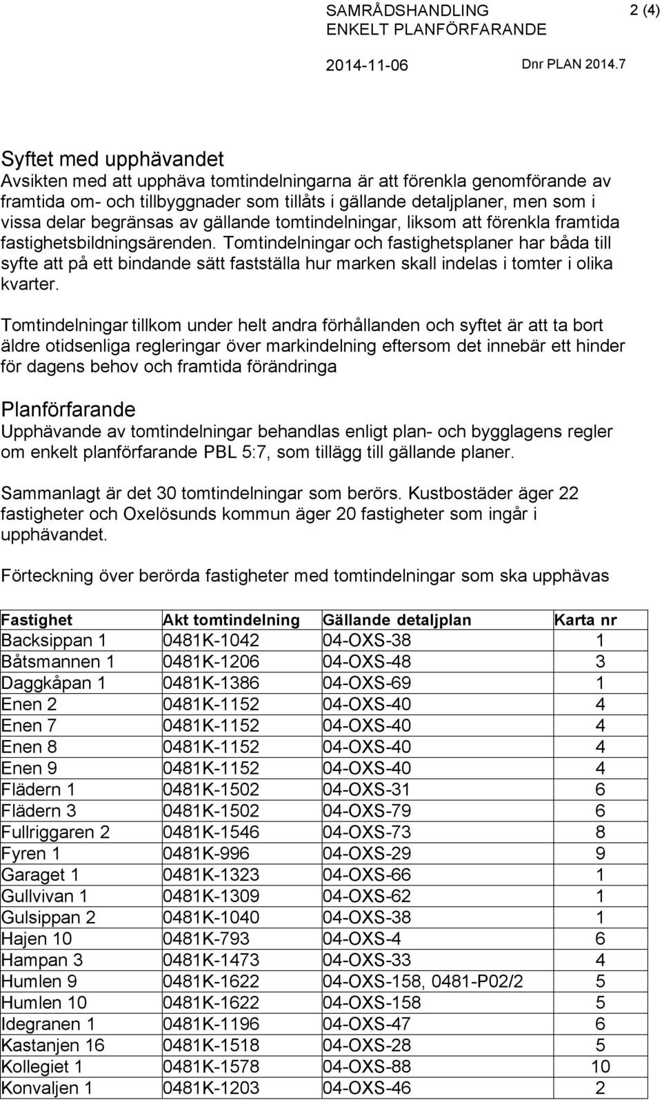 av gällande tomtindelningar, liksom att förenkla framtida fastighetsbildningsärenden.