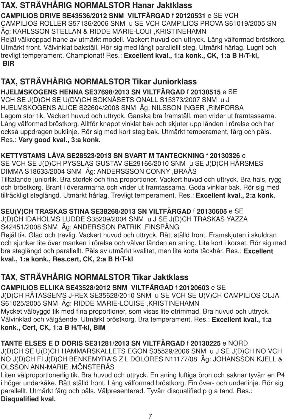 Rör sig med långt parallellt steg. Utmärkt hårlag. Lugnt och trevligt temperament. Championat! Res.: Excellent kval., 1:a konk.