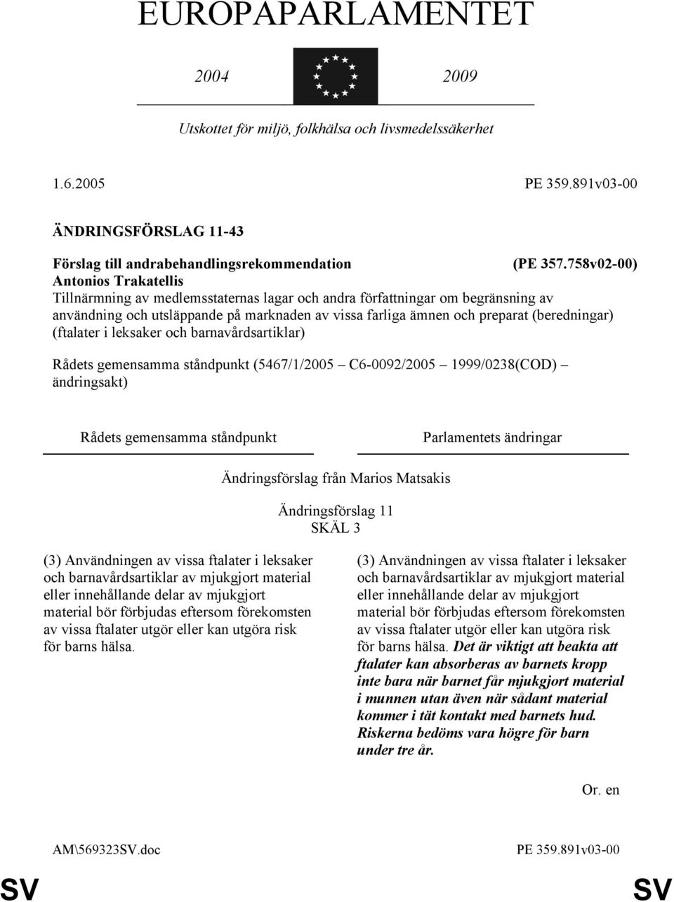 (beredningar) (ftalater i leksaker och barnavårdsartiklar) Rådets gemensamma ståndpunkt (5467/1/2005 C6-0092/2005 1999/0238(COD) ändringsakt) Rådets gemensamma ståndpunkt Parlamentets ändringar