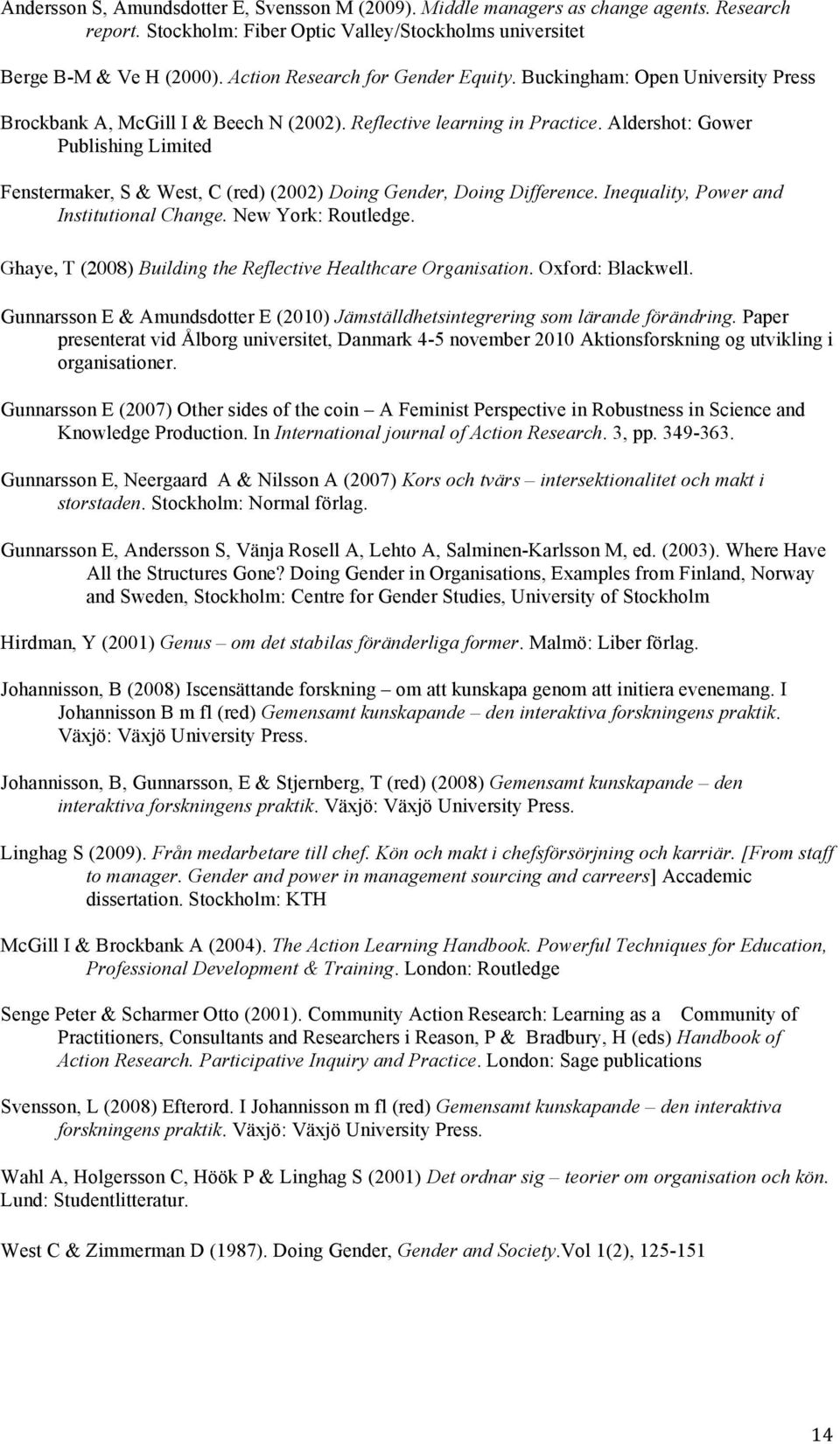 Aldershot: Gower Publishing Limited Fenstermaker, S & West, C (red) (2002) Doing Gender, Doing Difference. Inequality, Power and Institutional Change. New York: Routledge.