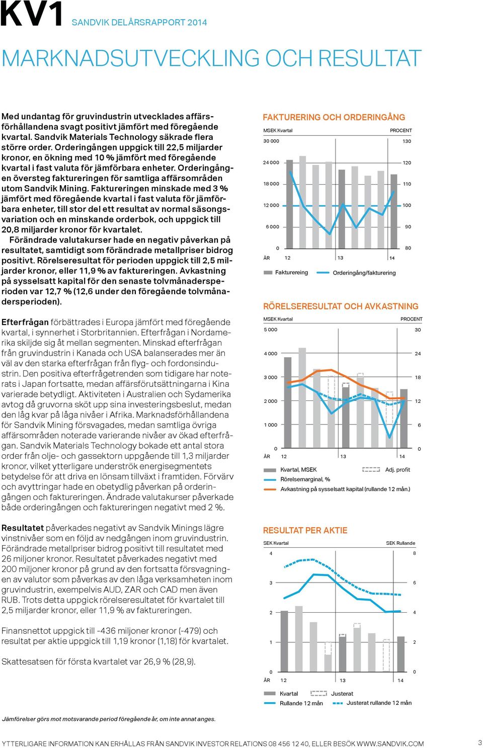 Orderingången översteg faktureringen för samtliga affärsområden utom Sandvik Mining.